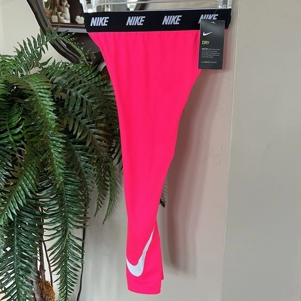 Brand New Nike Dri-Fit Girls Hot Hyper Pink Leggings Stretch Waist White Swoosh